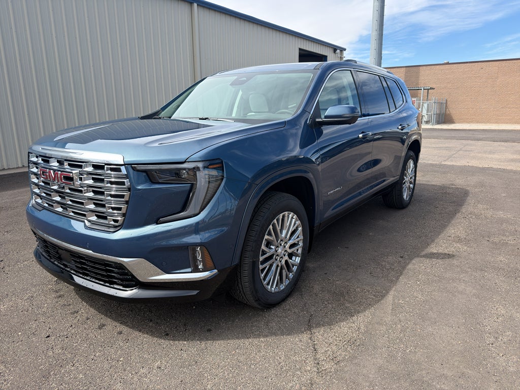 2026 GMC Acadia Denali in Downpour Metallic — front three-quarter view